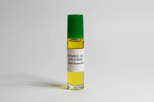 Black Rose M Body Oil with light gray background