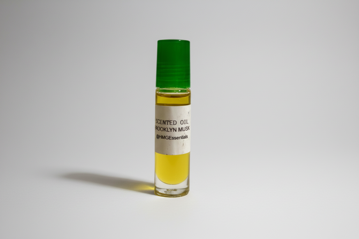 Brooklyn Musk Mini Body Oil with light gray background