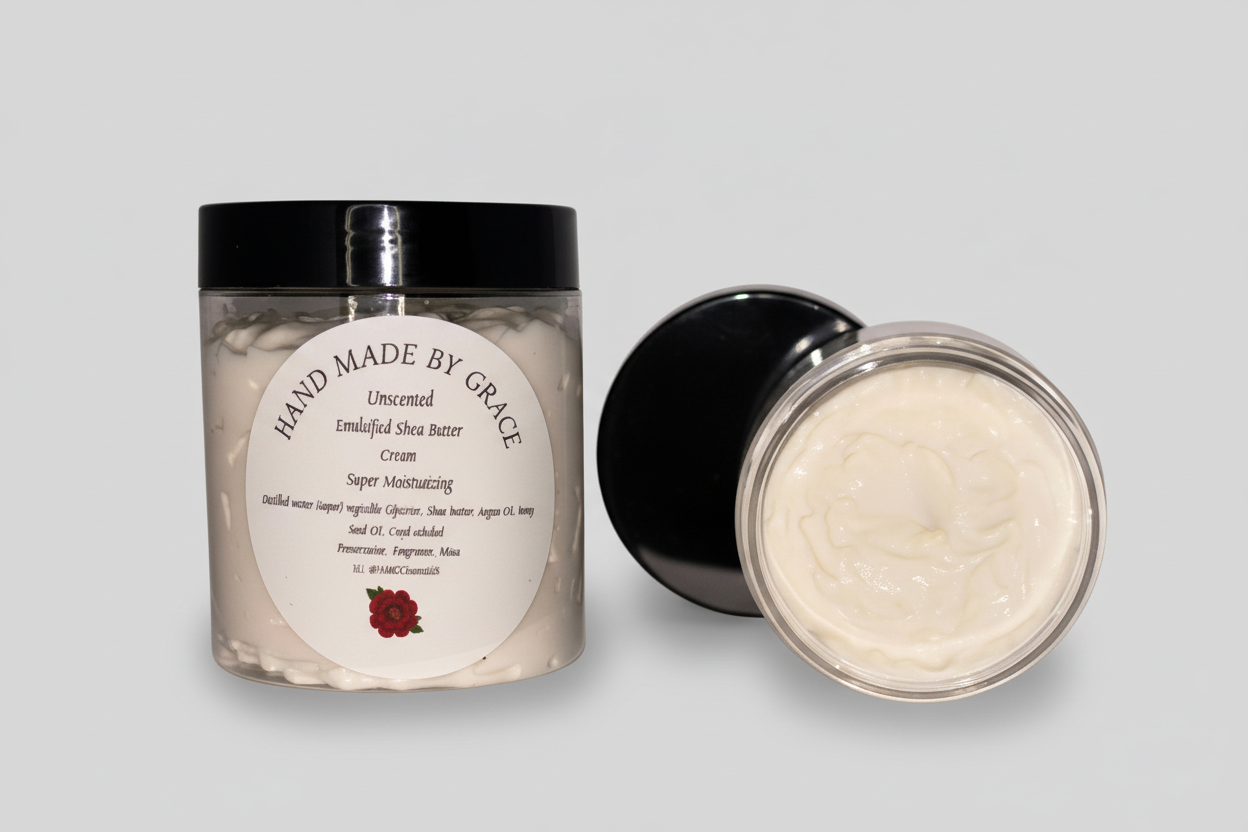 Unscented Emulsified Shea butter with light gray background